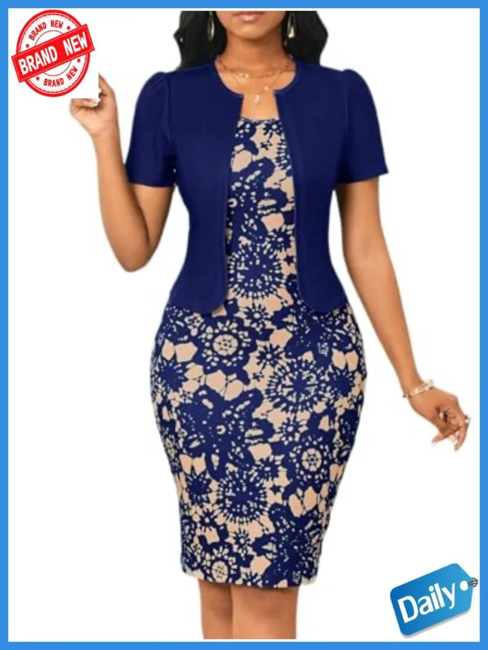 Women's Two Piece Pencil Bodycon Midi Dress Set Crew Neck 3/4 Sleeve Print Work